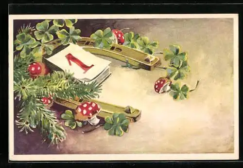 AK Hufeisen und Kleeblätter schmücken das Kalenderblatt zu Neujahr