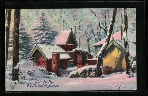 Künstler-AK Winterliche Waldlandschaft mit Häusern, Weihnachten