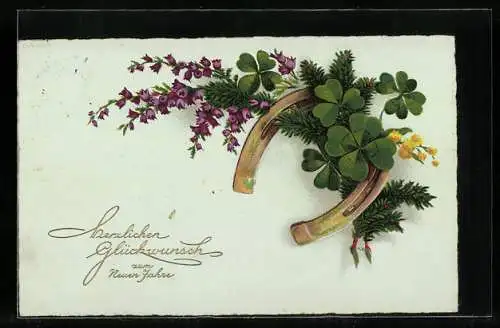 AK Kleeblätter und Hufeisen als Glücksbringer zu Neujahr