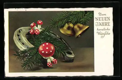 AK Hufeisen und Pilze unter einem Tannenzweig mit Glocken