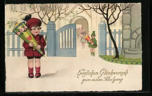 AK Kinder mit Schultüten vor dem Tor zum Schulanfang