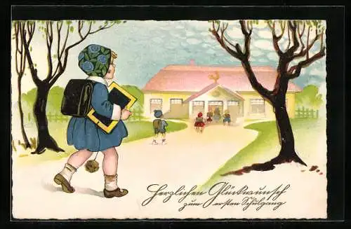 AK Mädchen geht an ihrem ersten Schultag mit Schiefertafel zur Schule