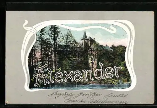 AK Namenstag Alexander, Schriftzug vor einer Kirche am Wasser