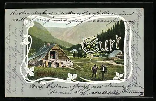 AK Namenstag Curt, Buchstaben über einer Bauernhütte