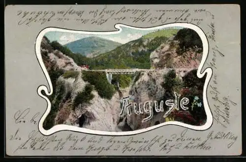AK Namenstag Auguste, Brücke über einer Felsenschlucht