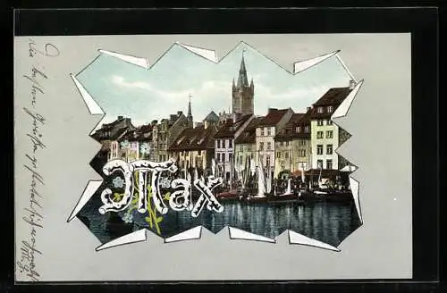 AK Namenstag Max, Hafenpartie mit Segelschiffen