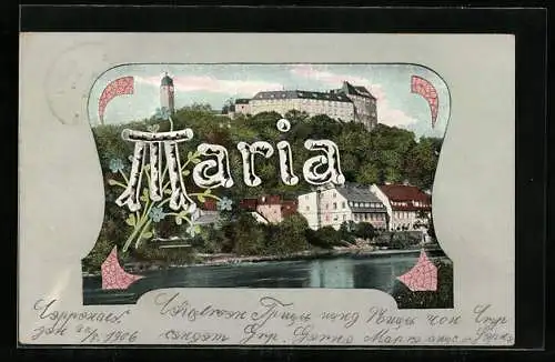 AK Namenstag Maria, Blick über das Wasser auf einen Ort