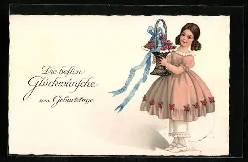 AK Junges Mädchen verschenkt Rosenstrauss mit blauer Schleife zum Geburtstag