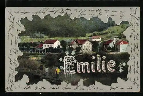 AK Namenstag Emilie, Ort in der Abenddämmerung