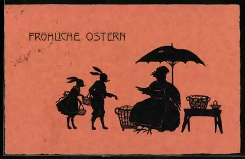 AK Schattenbild, Osterhase und Häsin kaufen bei einem Huhn Eier, Ostergruss