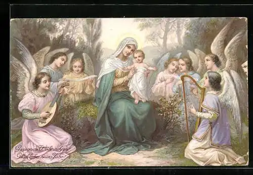 AK Weihnachtsengel bei Maria mit dem Jesuskind, Weihnachtsgrüsse