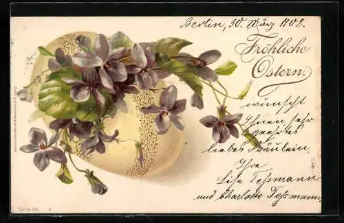 AK Schöne Veilchen mit einem Osterei, Fröhliche Ostern
