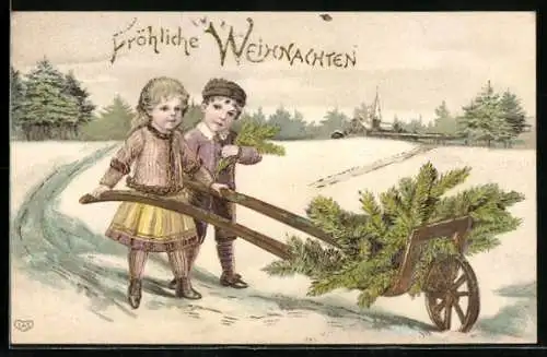 Präge-AK Fröhliche Weihnachten, Kinder holen Tannenzweige aus dem Wald