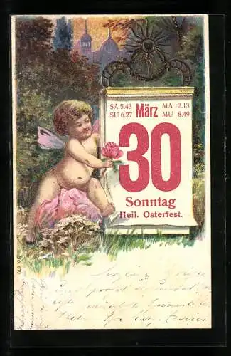 AK Osterengel mit Kalenderblatt 30. März, Sonntag, Heiliges Osterfest