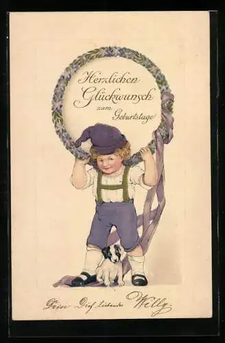 Künstler-AK Junge mit Hund hält Veilchenkranz zum Geburtstag