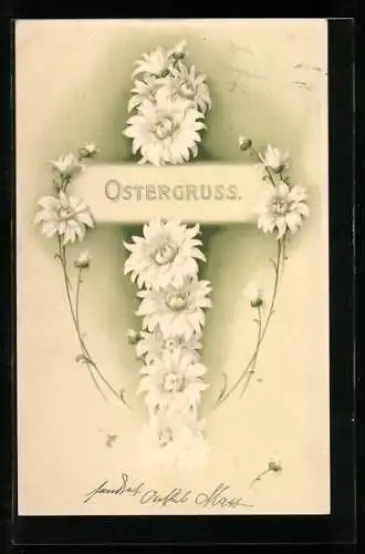 Präge-AK Kreuz aus weissen Blumen zu Ostern