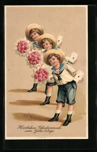 AK Knaben in Matrosenanzügen bringen Blumen zum Geburtstag