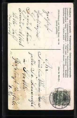 Präge-AK Junge Frau vor grossem Kleeblatt auf einem Hufeisen