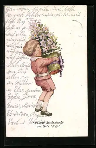 Künstler-AK Jüngling mit grossem Blumenstrauss schickt Glückwünsche zum Geburtstag