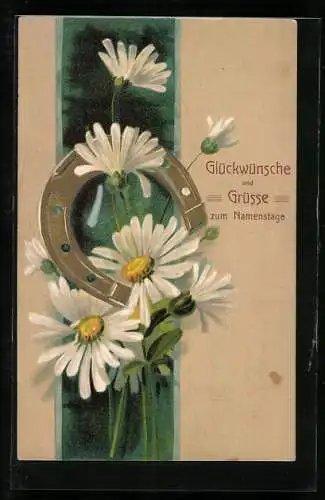 Präge-AK Hufeisen und Margarithenblumen zum Namenstag