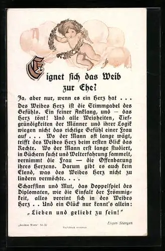 AK Engel trägt einen Kranz, Verse Eignet sich das Weib zur Ehe? von Eugen Stange zur Hochzeit