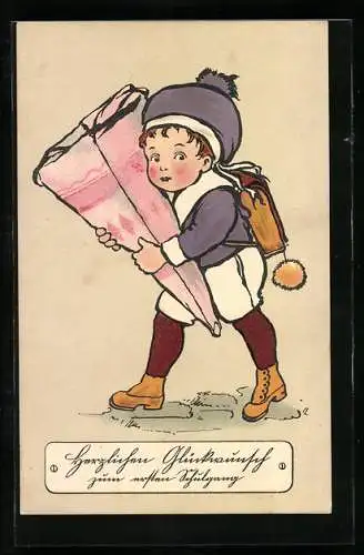 Künstler-AK Kleines Kind mit grosser rosaner Schultüte zum Schulanfang