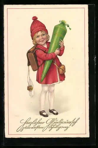 Künstler-AK Niedliches Mädchen mit grüner Schultüte zum Schulanfang
