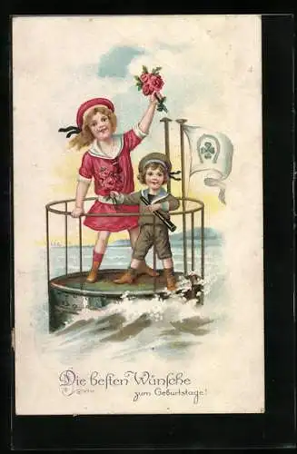 Künstler-AK Kleine Matrosen verschenken Rosen zum Geburtstag