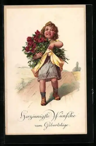 Künstler-AK Kind mit grossem Rosenstrauss wandert zum Geburtstag über den Feldweg