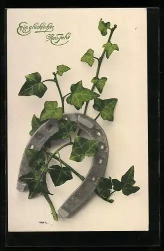 Künstler-AK Hufeisen umrankt mit Efeu zu Neujahr