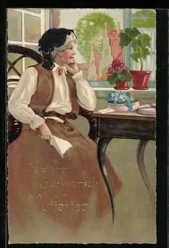 Künstler-AK Mutter schaut mit Grussbrief der Kinder zum Muttertag sehnsüchtig aus dem Fenster