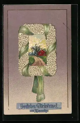 Präge-AK Glückwunsch zum Namenstag, kleines Bauernhaus im Blumenrahmen