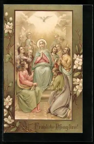 Künstler-AK Pfingsten, Heilige sitzt betend auf der Treppe, Männer knien betend neben ihr