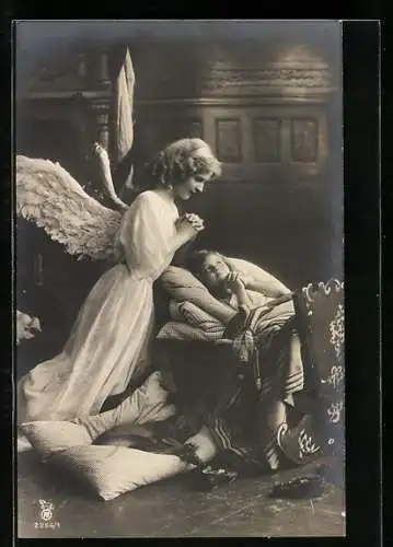 AK Schutzengel & Mädchen in Wiege liegend beim Gebet