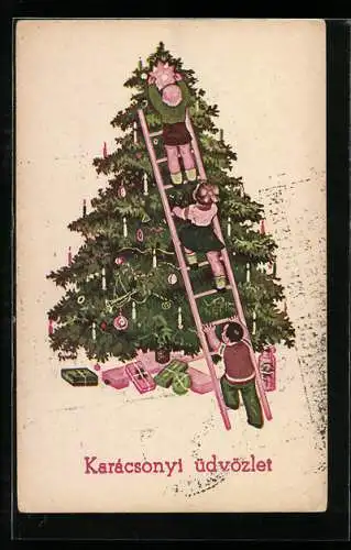 Künstler-AK Kinder klettern zu Weihnachten mit Christbaumstern die Leiter hoch