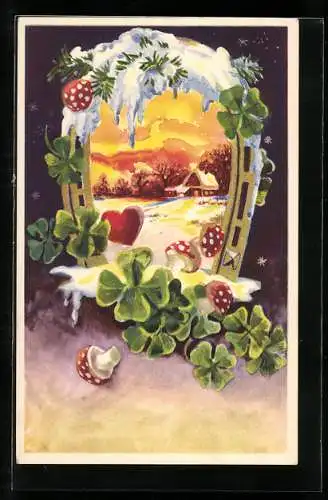 Künstler-AK Hufeisen und Kleeblätter umranden ein Weihnachtsmotiv