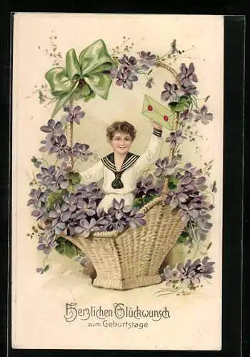 Künstler-AK Kind mit Brief im Korb voller Veilchen, Geburtstag
