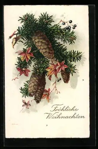 Künstler-AK Tannenzweig mit roten Blättern zu Weihnachten