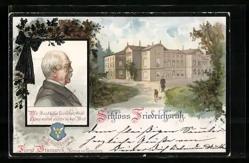 Lithographie Friedrichsruh, Fürst Bismarck, Blick zum Schloss