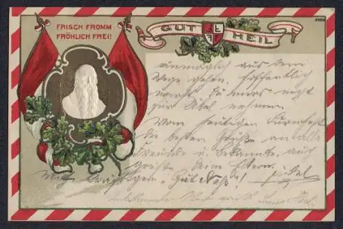 Präge-AK Turnvater Jahn mit Fahnen und Eichenblättern