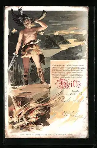 Lithographie Germanischer Krieger ruft seine Brüder mit einem Waldhorn zum Krieg auf, brennendes Feuer