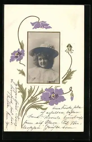 Foto-Collage-AK Kleines Mädchen im Kleid mit Hut, Blumen