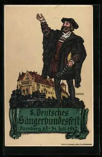 AK Nürnberg, 8. Deutsches Sängerbundesfest vom 27. bis 31. Juli 1912, Mann mit Laute
