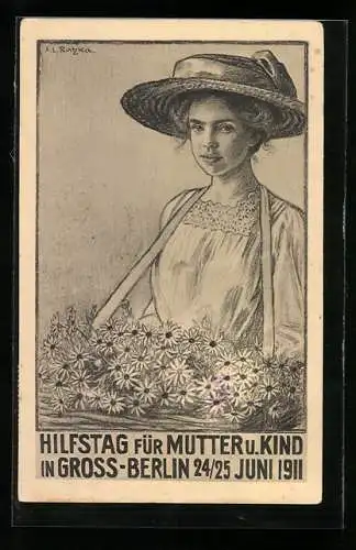 Künstler-AK Berlin, Hilfstag für Mutter und Kind 1911, Junge Frau mit Blumen