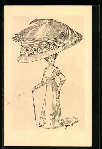 AK Frau im Kleid mit grossem Hut, Mode