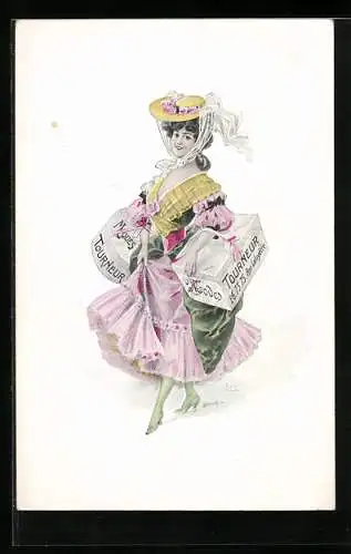 AK Junge Frau im Kleid mit Schachteln, Mode