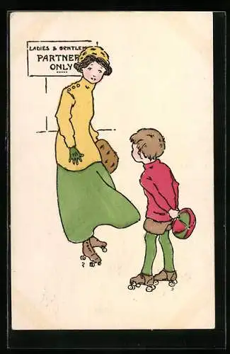AK Frau und Junge auf Rollschuhen