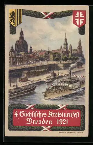Künstler-AK Fr. Rowland: Dresden, 4. Sächsisches Kreis-Turnfest 1921, Dampfer Sachsen, Festpostkarte Nr. 2