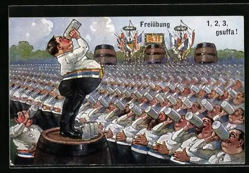 Künstler-AK Dicke Männer trinken in Reih und Glied Bier