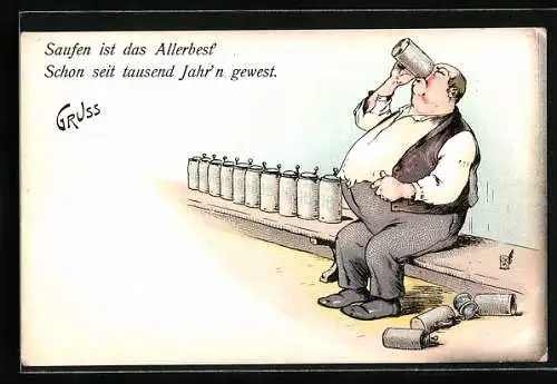 AK Korpulenter Mann leert zahlreich Bierkrüge